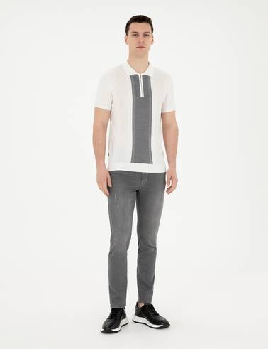Beyaz Slim Fit Fermuarlı Polo Yaka Triko Tişört