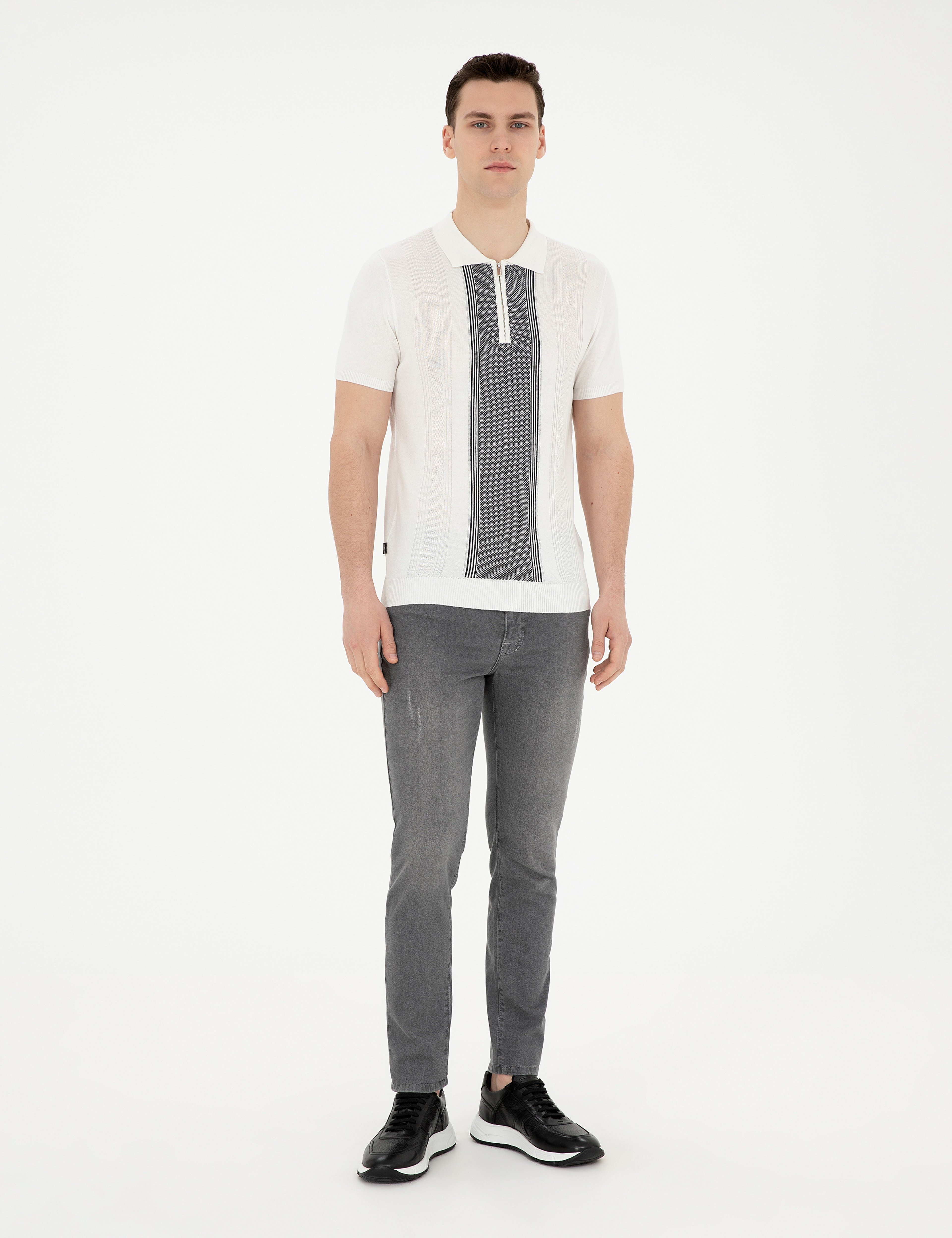 Beyaz Slim Fit Fermuarlı Polo Yaka Triko Tişört - Image 4