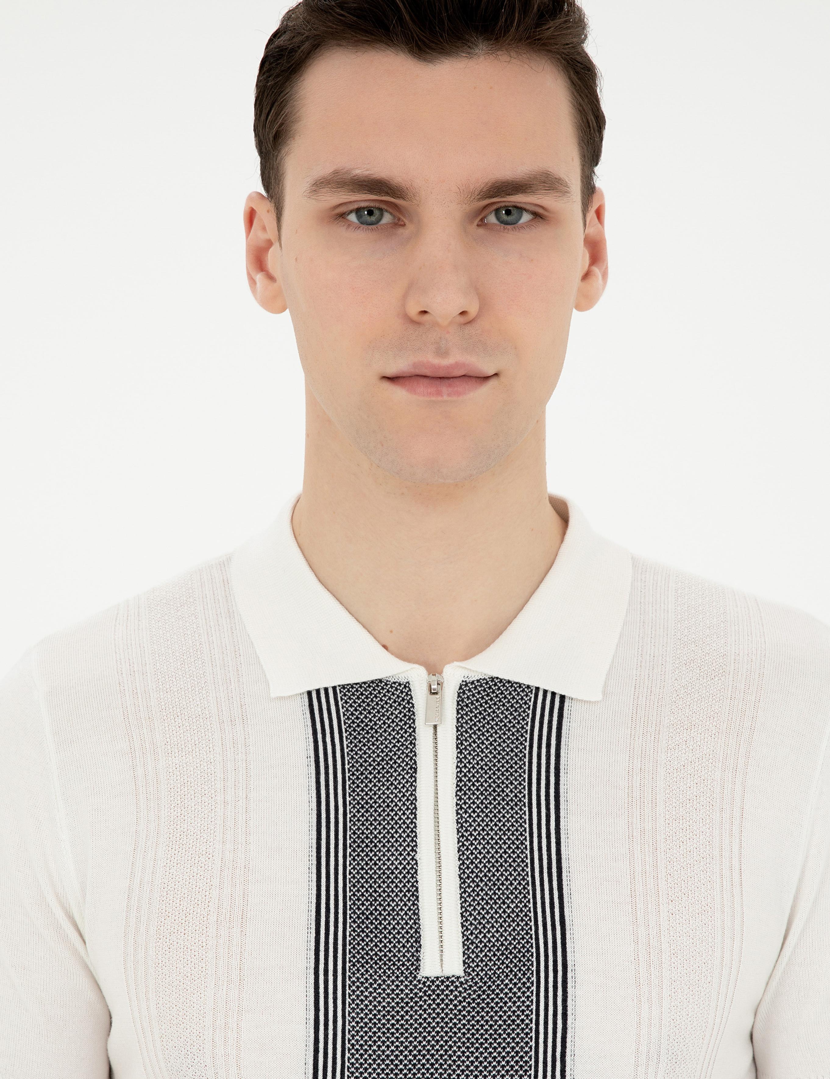 Beyaz Slim Fit Fermuarlı Polo Yaka Triko Tişört