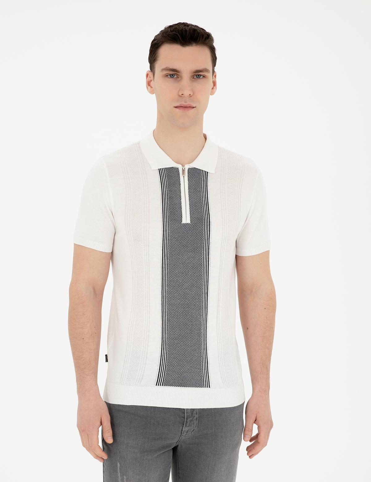 Beyaz Slim Fit Fermuarlı Polo Yaka Triko Tişört