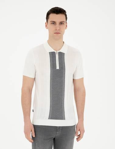 Beyaz Slim Fit Fermuarlı Polo Yaka Triko Tişört