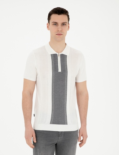 Beyaz Slim Fit Fermuarlı Polo Yaka Triko Tişört