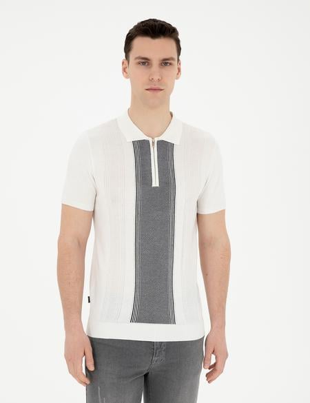 Beyaz Slim Fit Fermuarlı Polo Yaka Triko Tişört - 50288150001