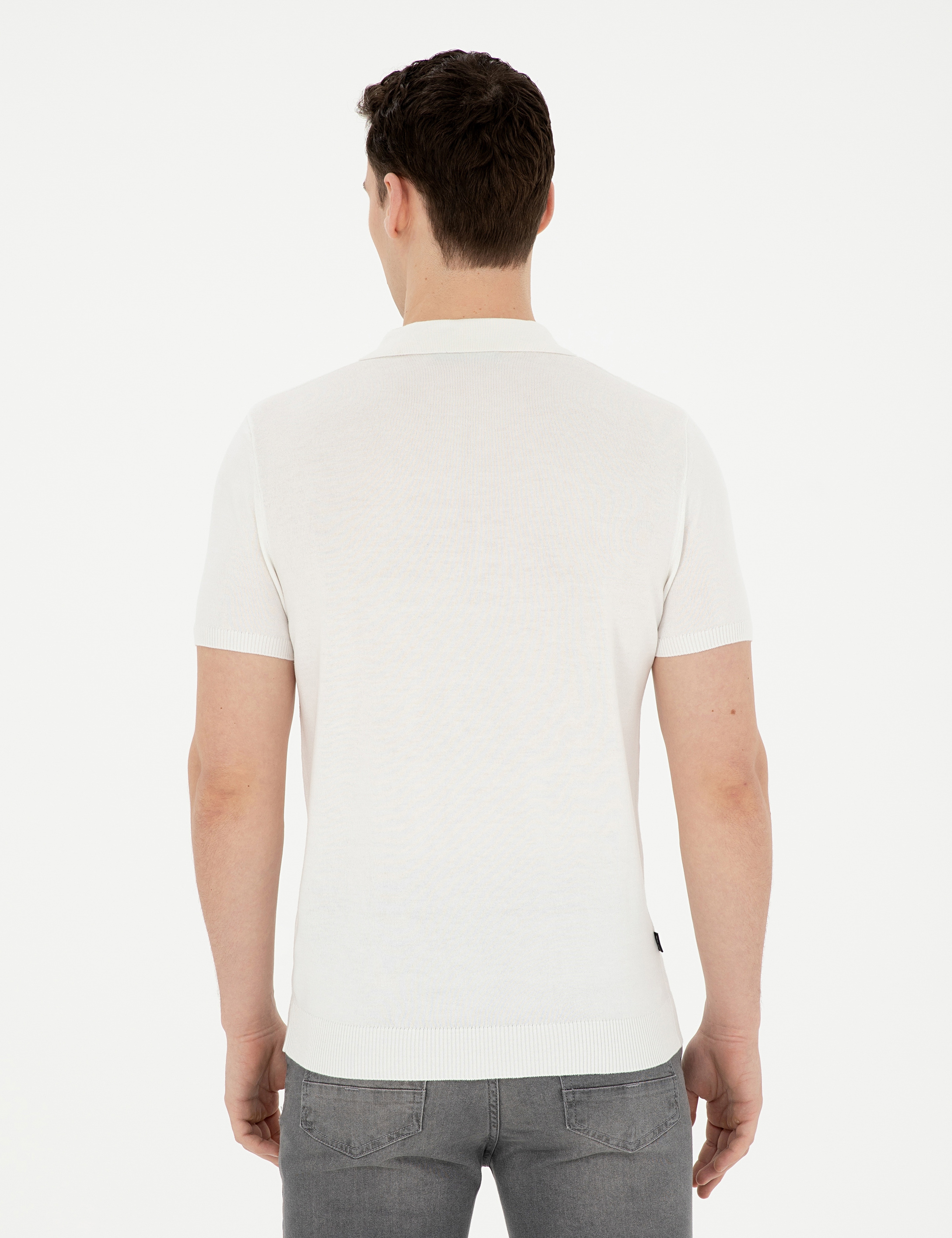Beyaz Slim Fit Fermuarlı Polo Yaka Triko Tişört - Image 5