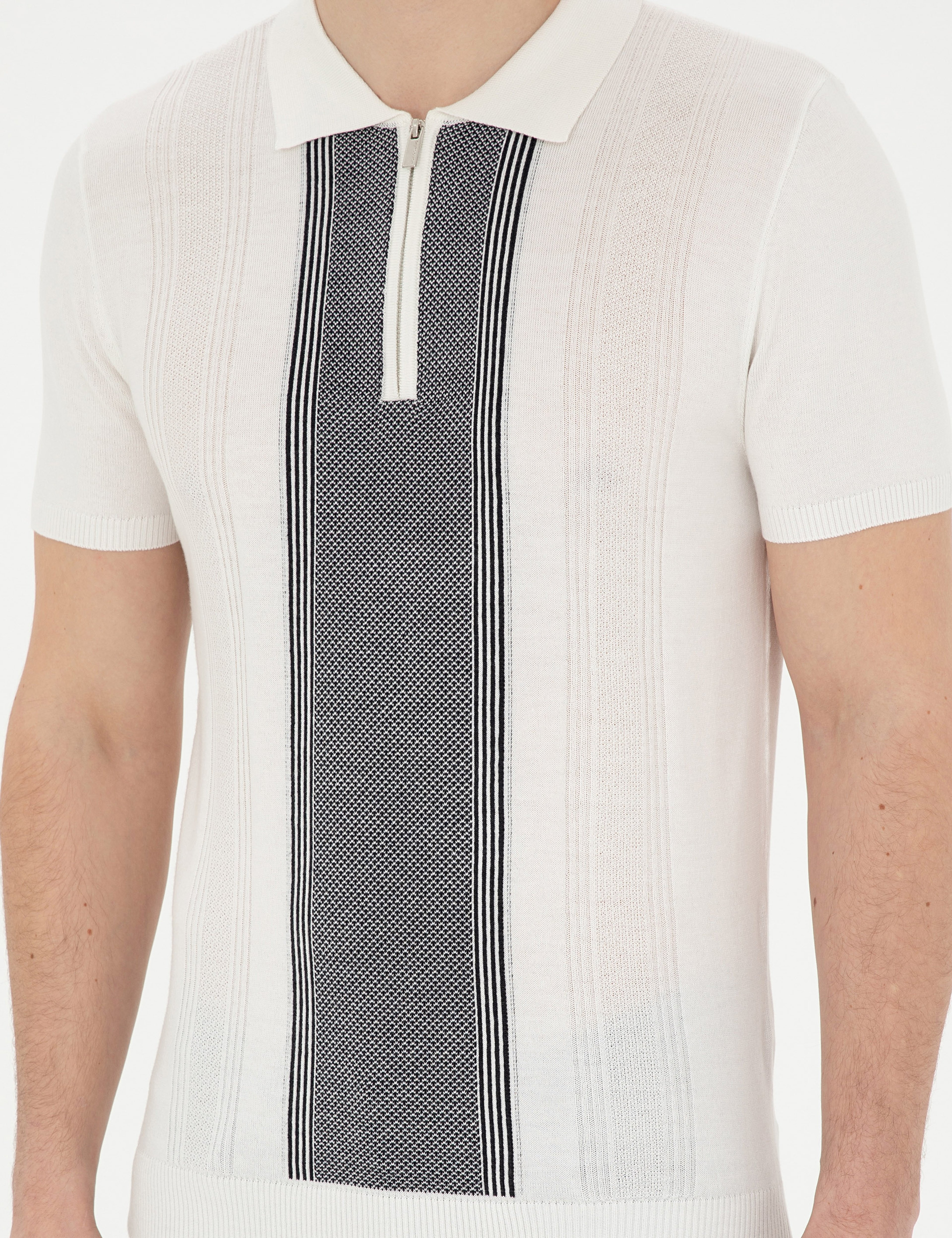 Beyaz Slim Fit Fermuarlı Polo Yaka Triko Tişört - Image 6