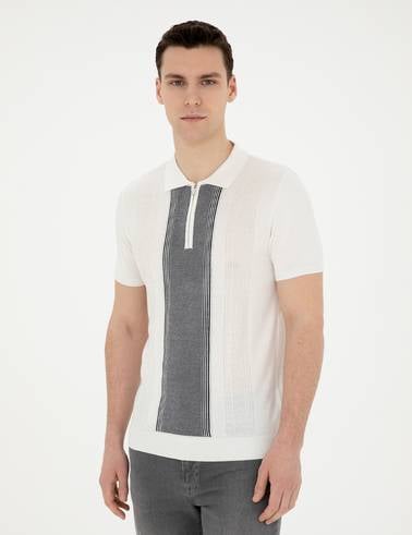 Beyaz Slim Fit Fermuarlı Polo Yaka Triko Tişört