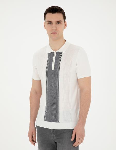Beyaz Slim Fit Fermuarlı Polo Yaka Triko Tişört - 50288150001