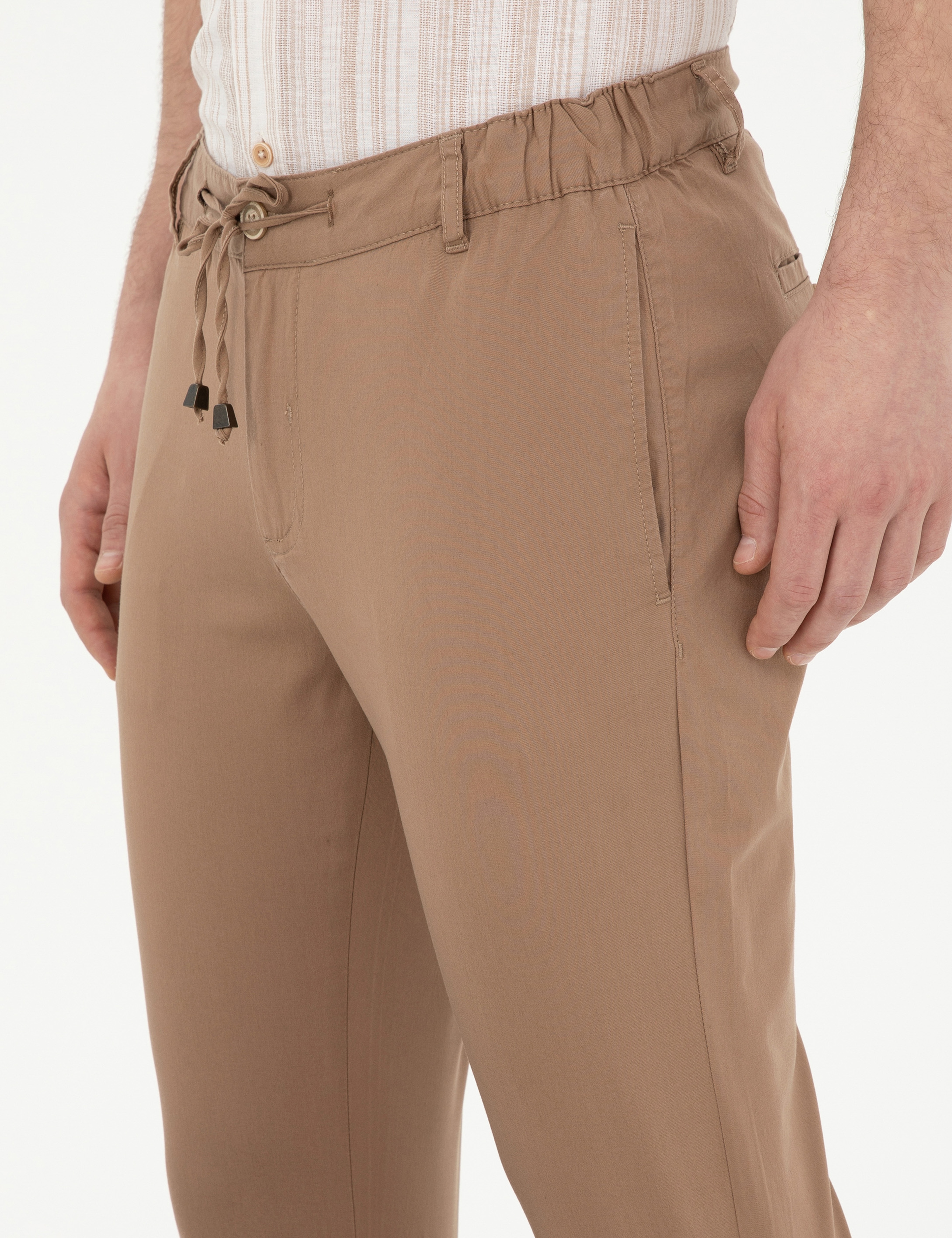 Kahverengi Slim Fit Beli Lastikli İpli Kanvas Pantolon - Image 6
