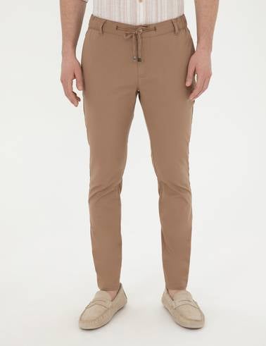 Kahverengi Slim Fit Beli Lastikli İpli Kanvas Pantolon