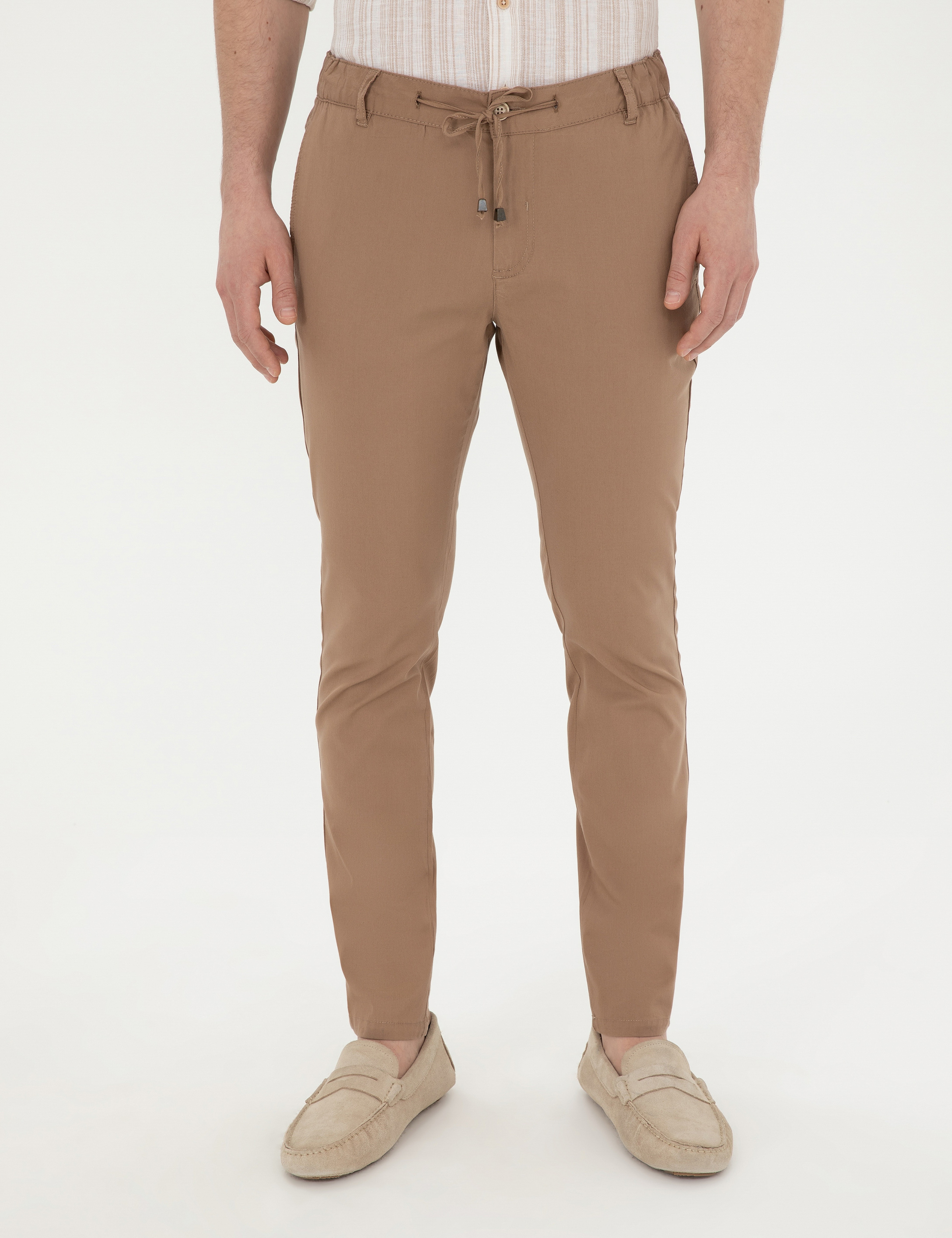 Kahverengi Slim Fit Beli Lastikli İpli Kanvas Pantolon - Image 2
