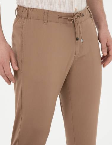 Kahverengi Slim Fit Beli Lastikli İpli Kanvas Pantolon