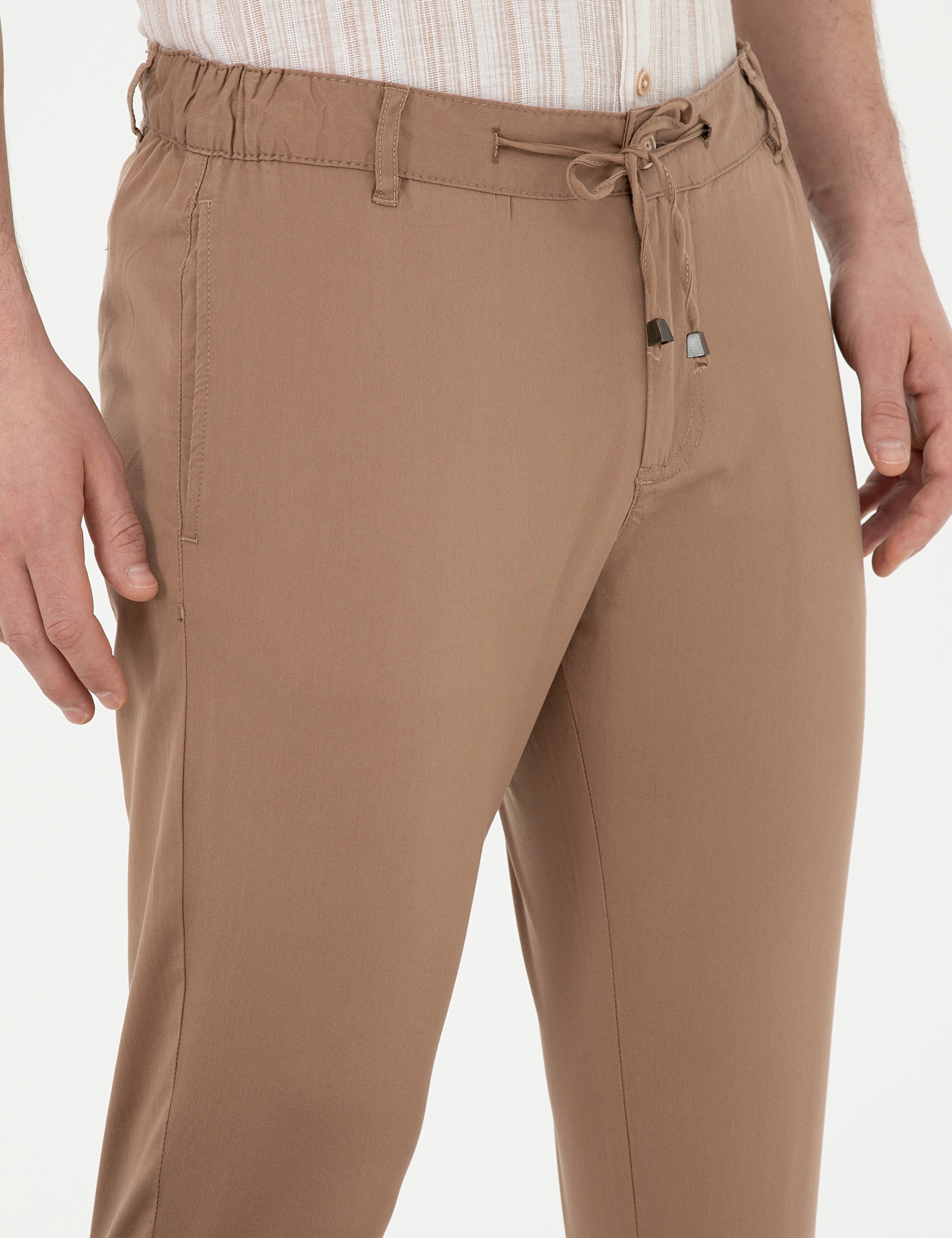 Kahverengi Slim Fit Beli Lastikli İpli Kanvas Pantolon - Image 5
