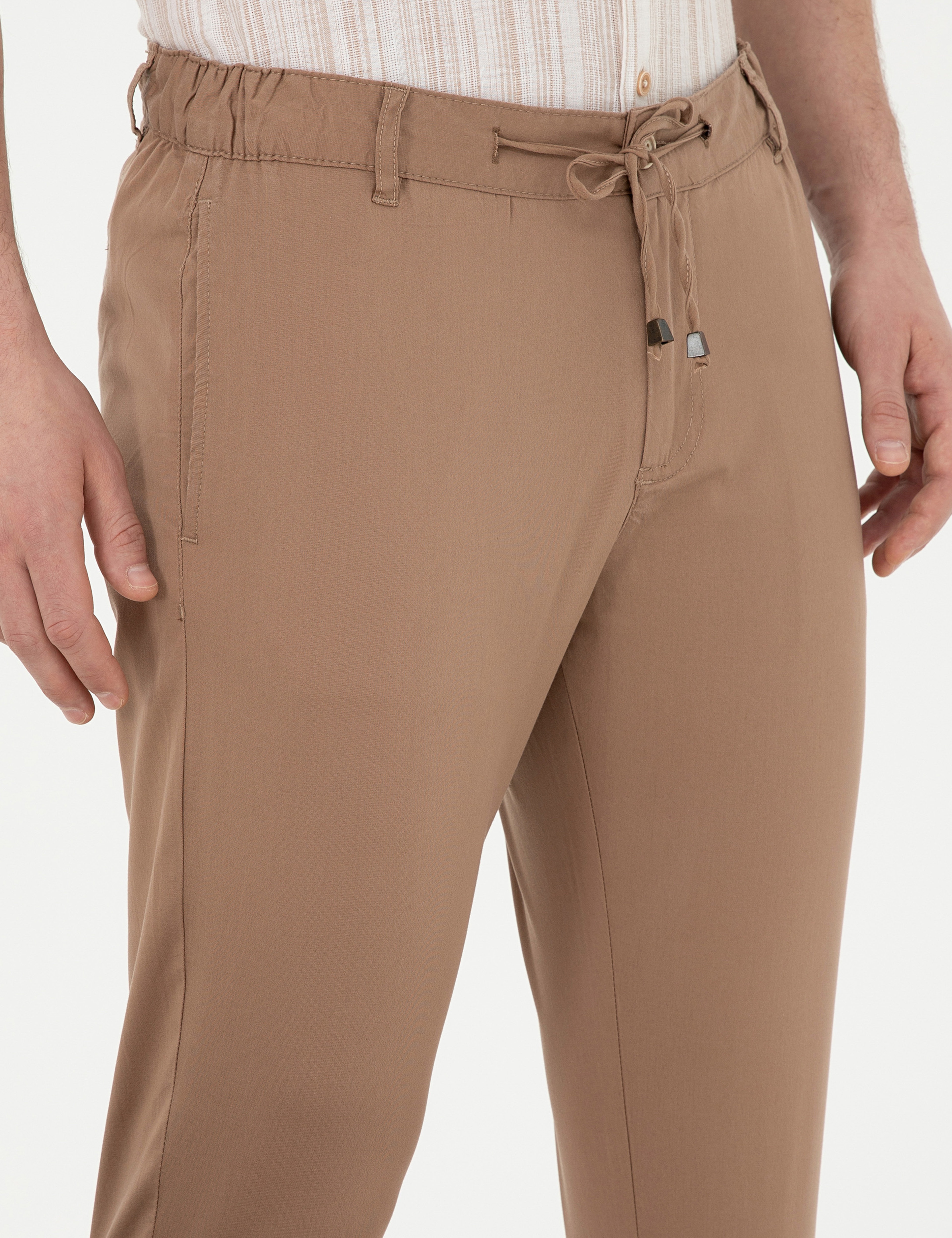 Kahverengi Slim Fit Beli Lastikli İpli Kanvas Pantolon
