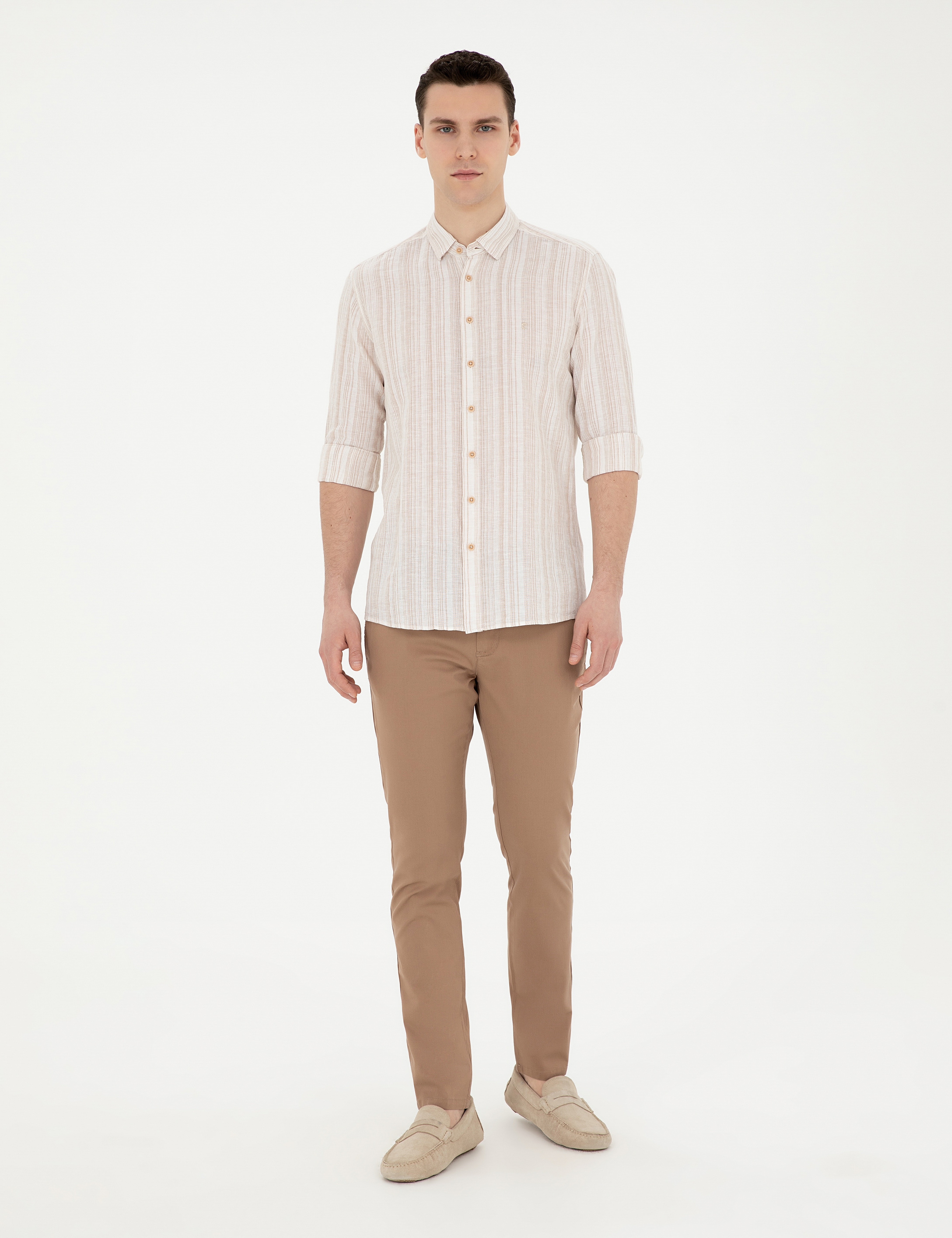 Kahverengi Slim Fit Beli Lastikli İpli Kanvas Pantolon - Image 1