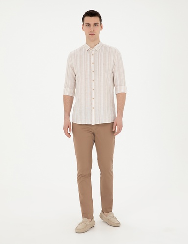 Kahverengi Slim Fit Beli Lastikli İpli Kanvas Pantolon