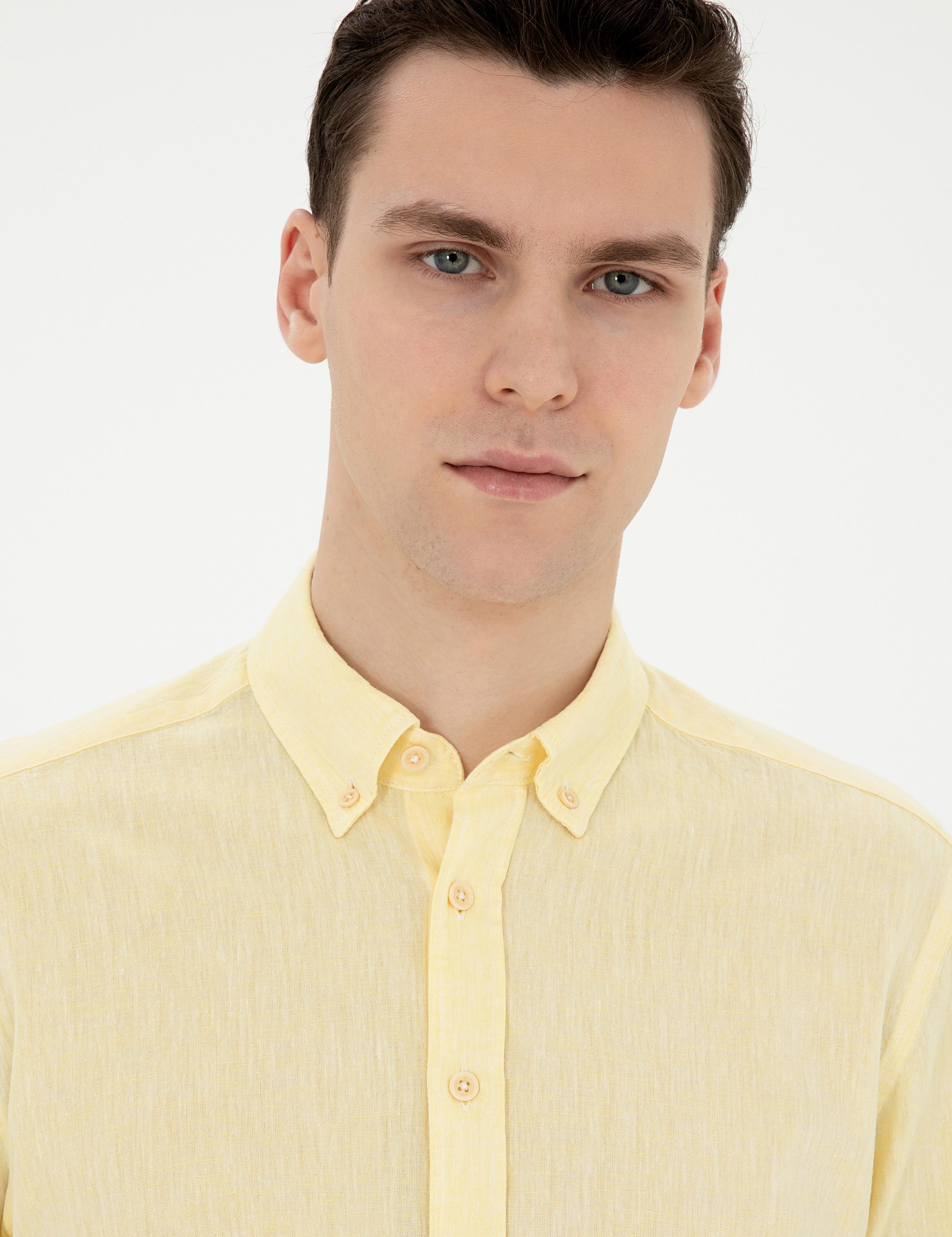 Sarı Keten Karışımlı Regular Fit Uzun Kollu Gömlek
