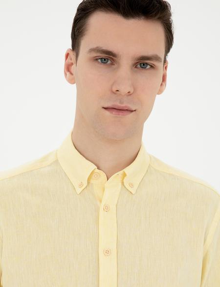Sarı Keten Karışımlı Regular Fit Uzun Kollu Gömlek - 50284168032