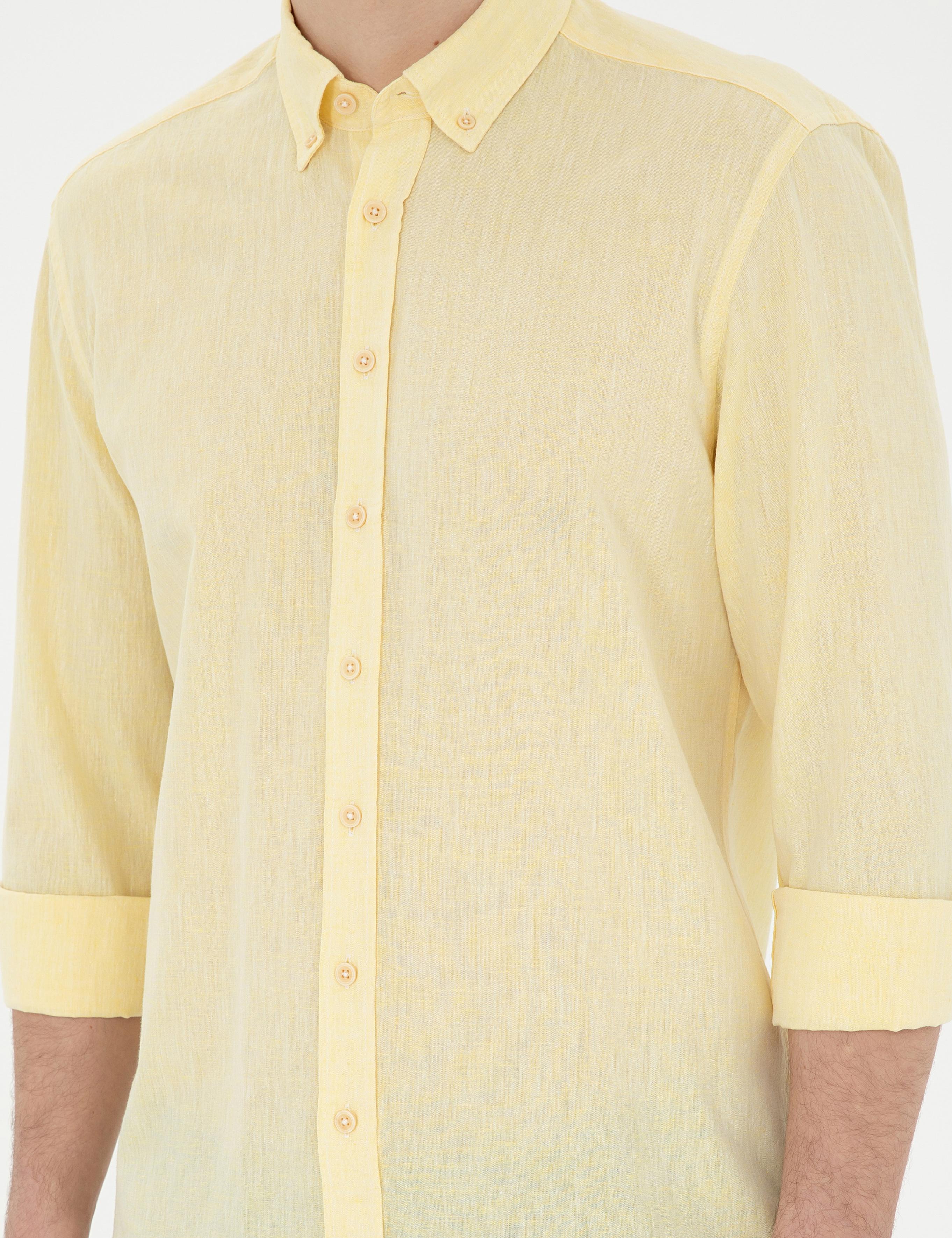 Sarı Keten Karışımlı Regular Fit Uzun Kollu Gömlek