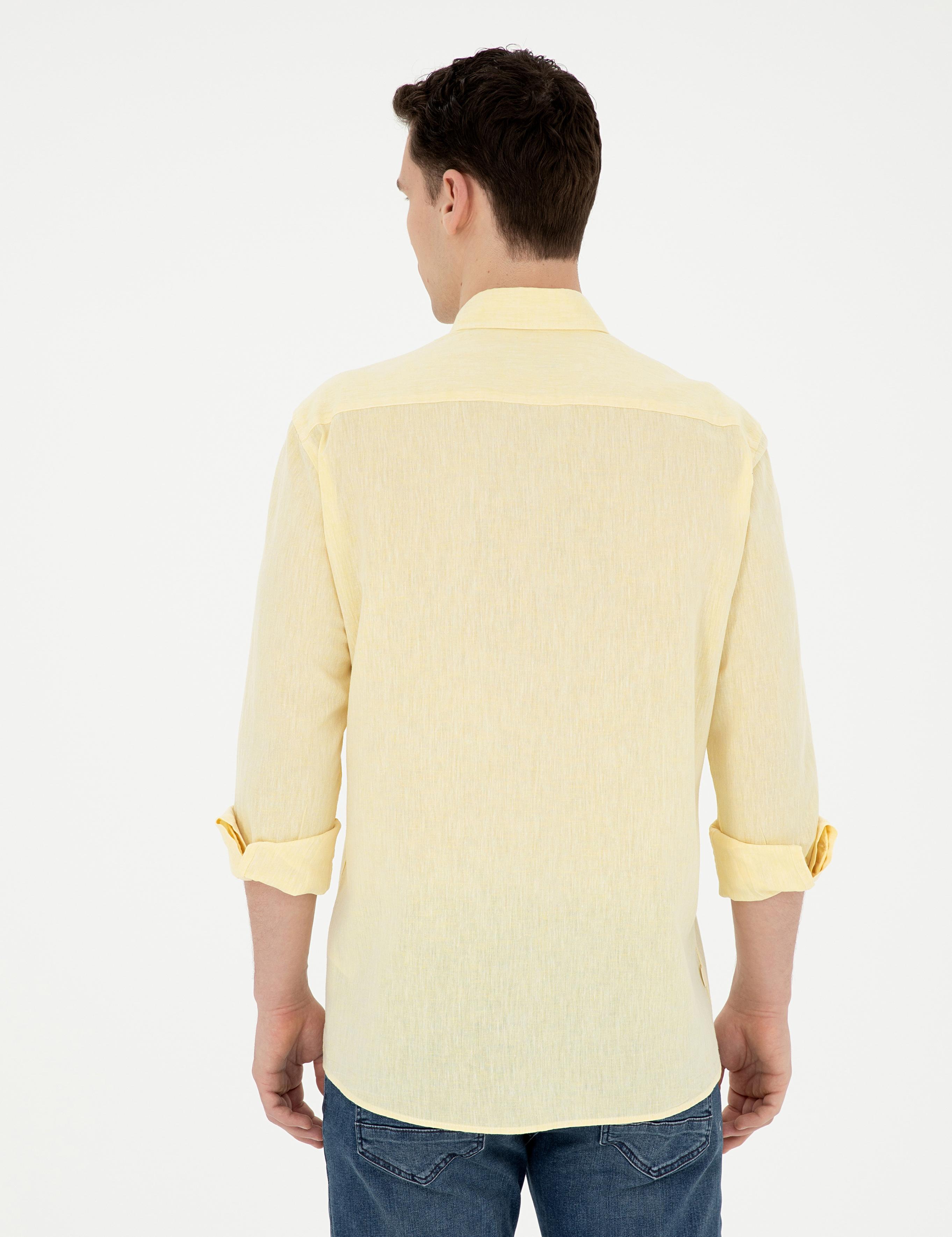 Sarı Keten Karışımlı Regular Fit Uzun Kollu Gömlek
