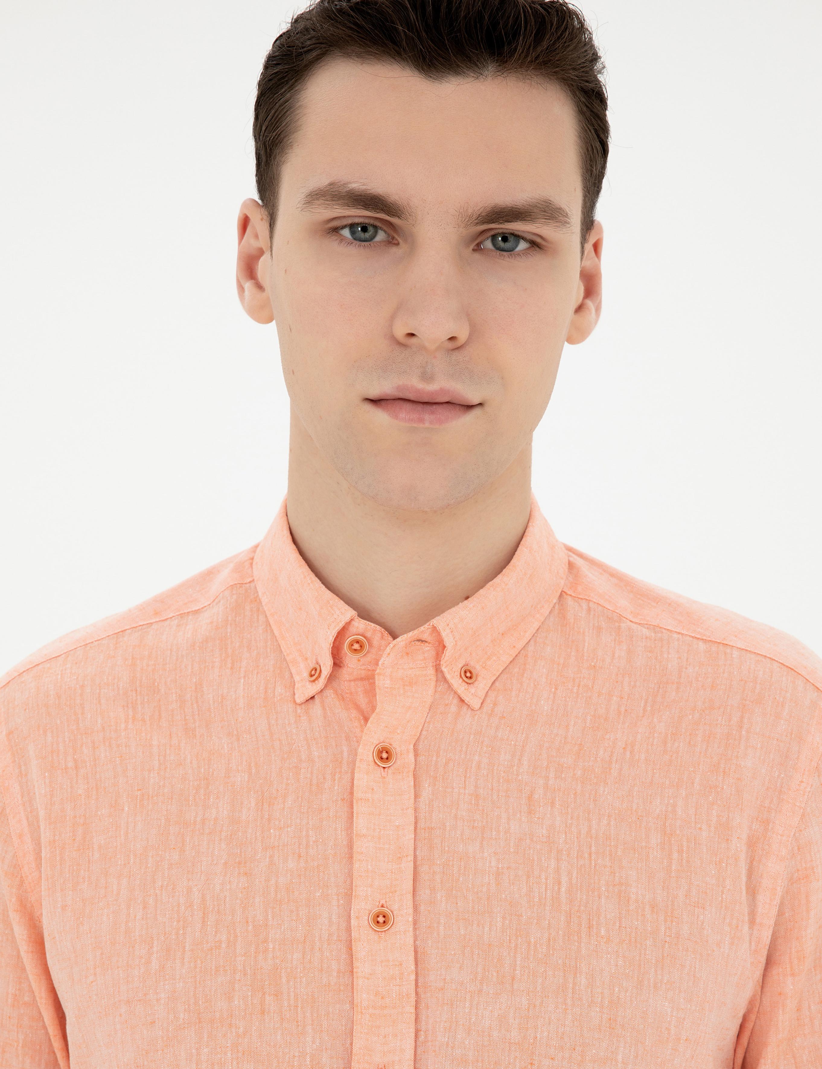 Turuncu Keten Karışımlı Regular Fit Uzun Kollu Gömlek