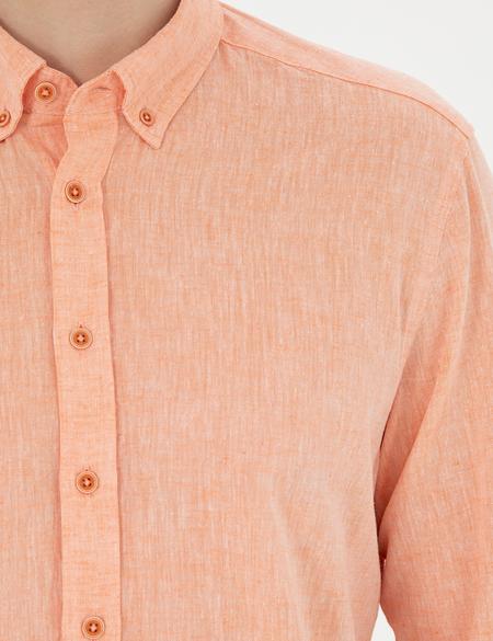 Turuncu Keten Karışımlı Regular Fit Uzun Kollu Gömlek - 50284168165
