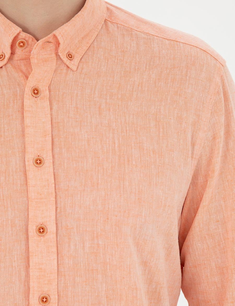 Turuncu Keten Karışımlı Regular Fit Uzun Kollu Gömlek