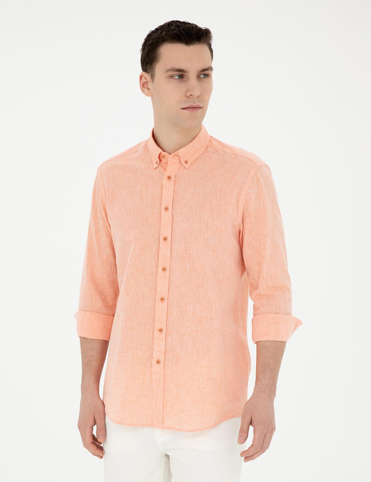 Turuncu Keten Karışımlı Regular Fit Uzun Kollu Gömlek