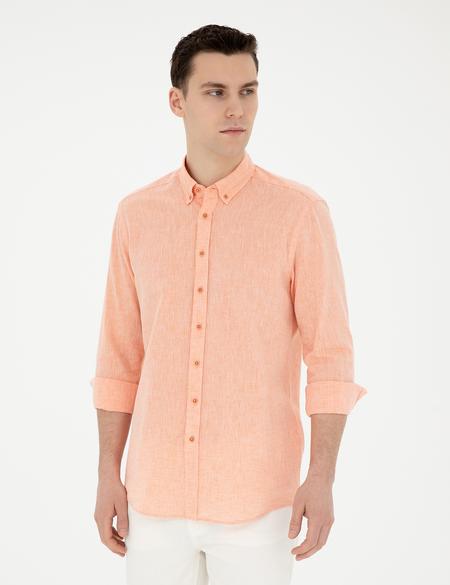 Turuncu Keten Karışımlı Regular Fit Uzun Kollu Gömlek - 50284168165