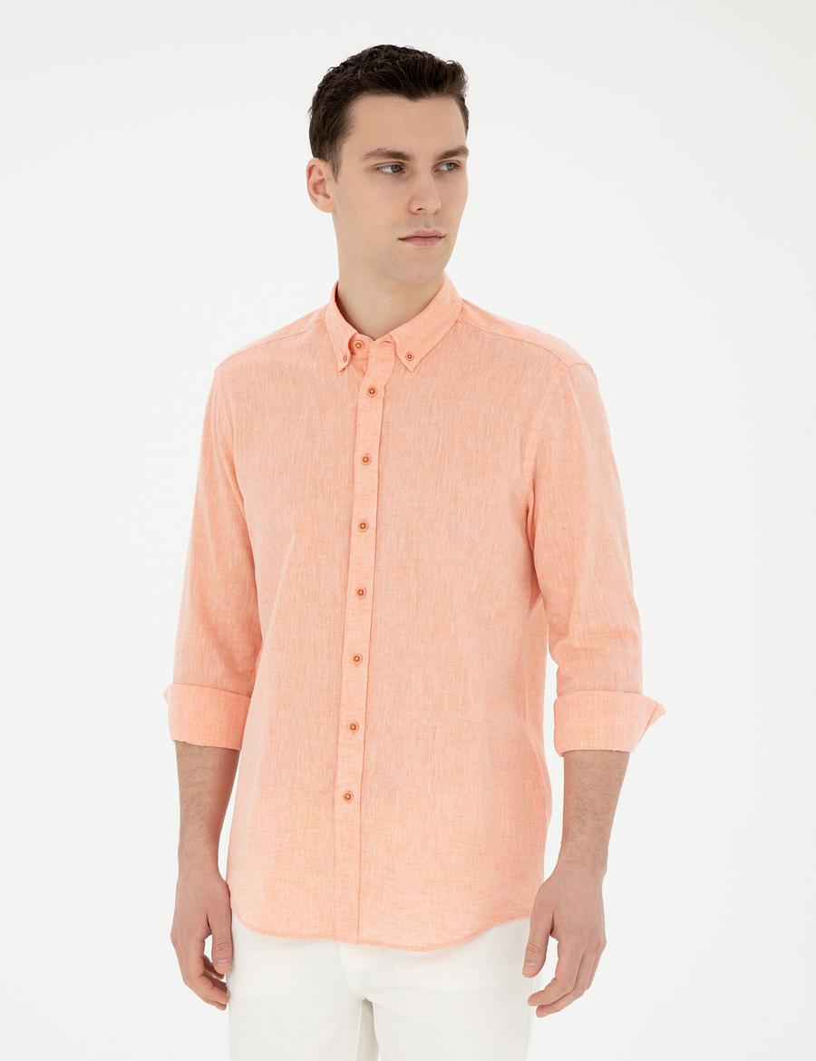 Turuncu Keten Karışımlı Regular Fit Uzun Kollu Gömlek