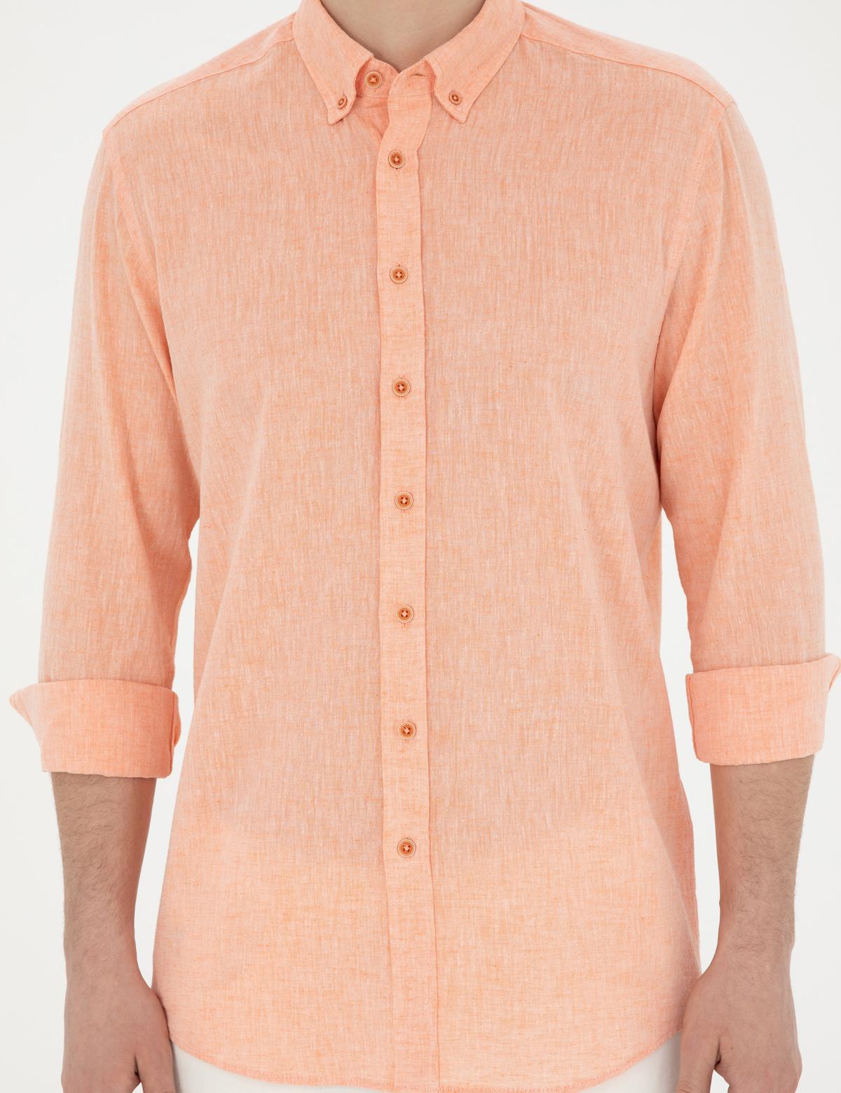 Turuncu Keten Karışımlı Regular Fit Uzun Kollu Gömlek - 50284168165