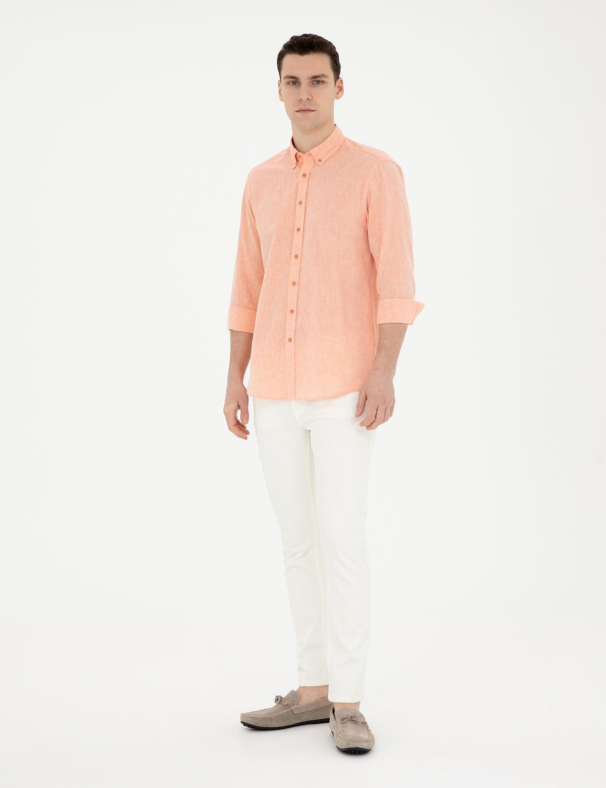 Turuncu Keten Karışımlı Regular Fit Uzun Kollu Gömlek - 50284168165