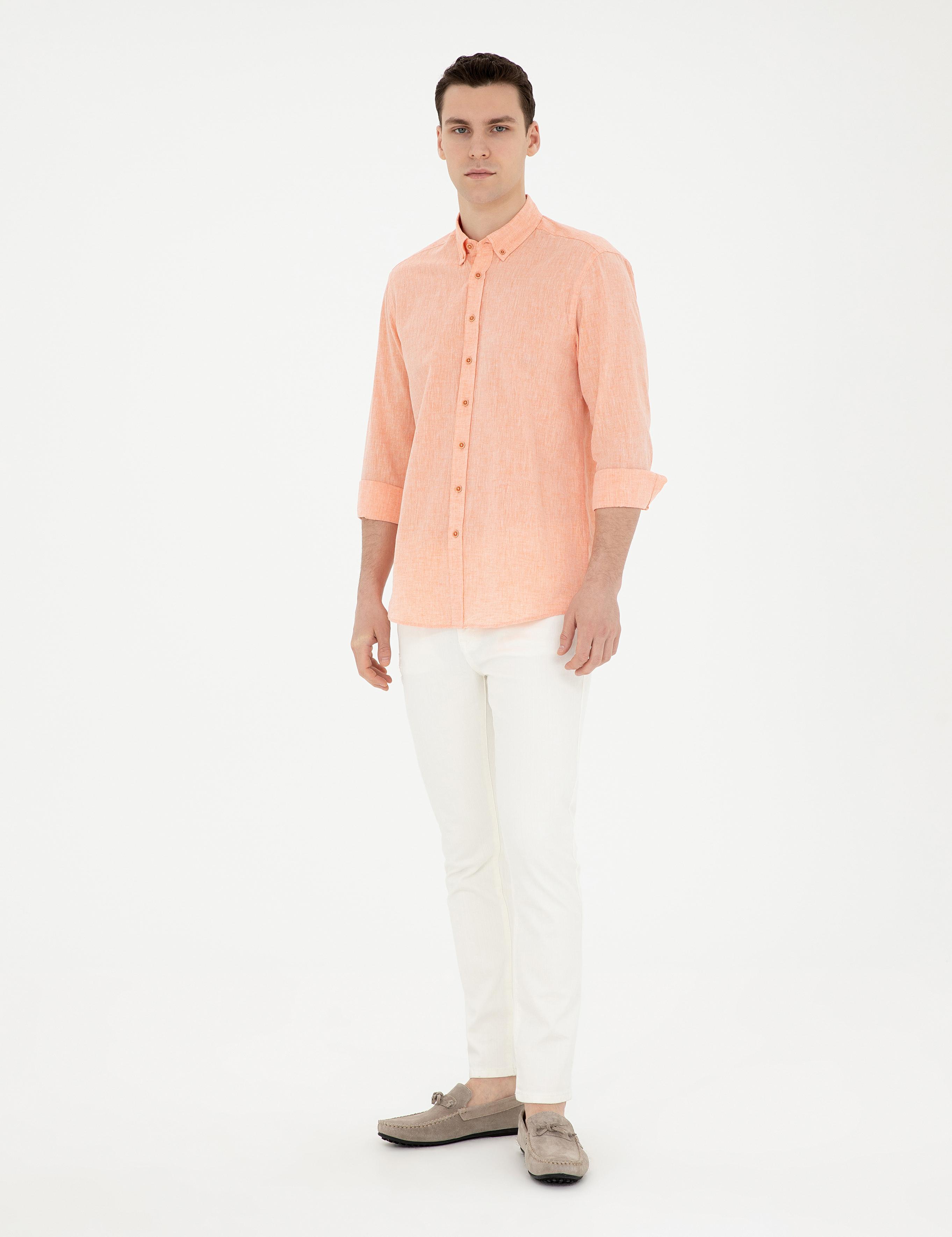 Turuncu Keten Karışımlı Regular Fit Uzun Kollu Gömlek