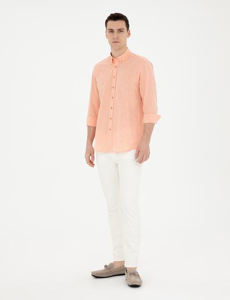 Turuncu Keten Karışımlı Regular Fit Uzun Kollu Gömlek - 50284168165
