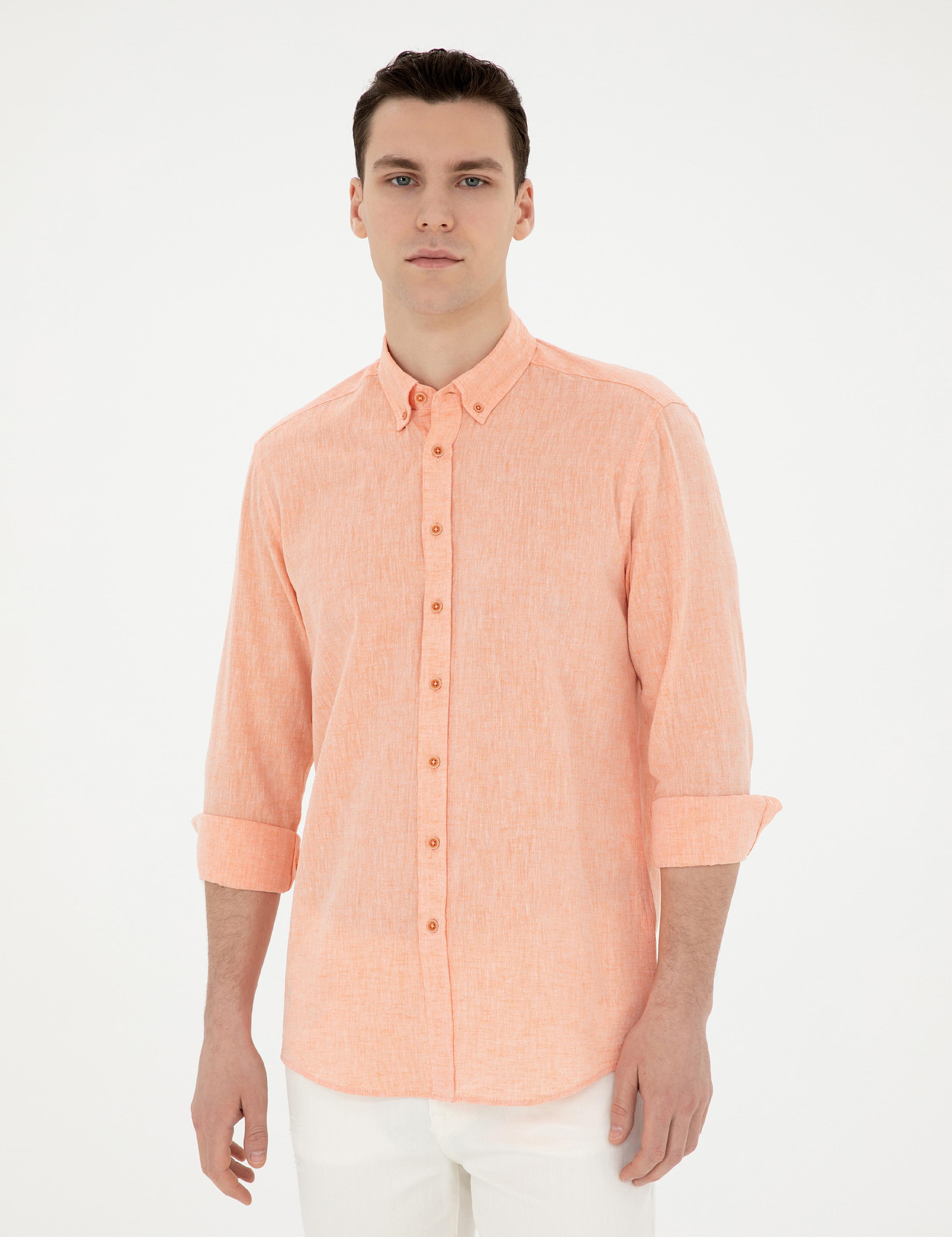 Turuncu Keten Karışımlı Regular Fit Uzun Kollu Gömlek