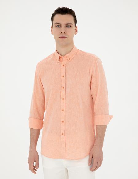 Turuncu Keten Karışımlı Regular Fit Uzun Kollu Gömlek - 50284168165