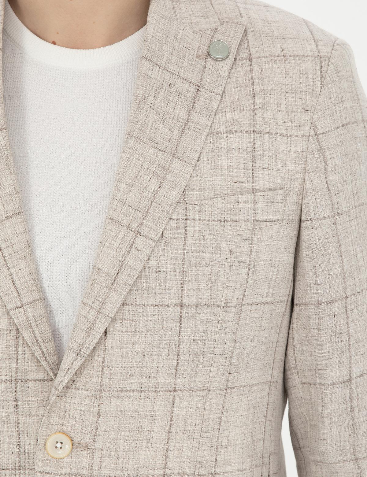 Açık Kahverengi Slim Fit %100 Keten Ekose Ceket - 50284929008