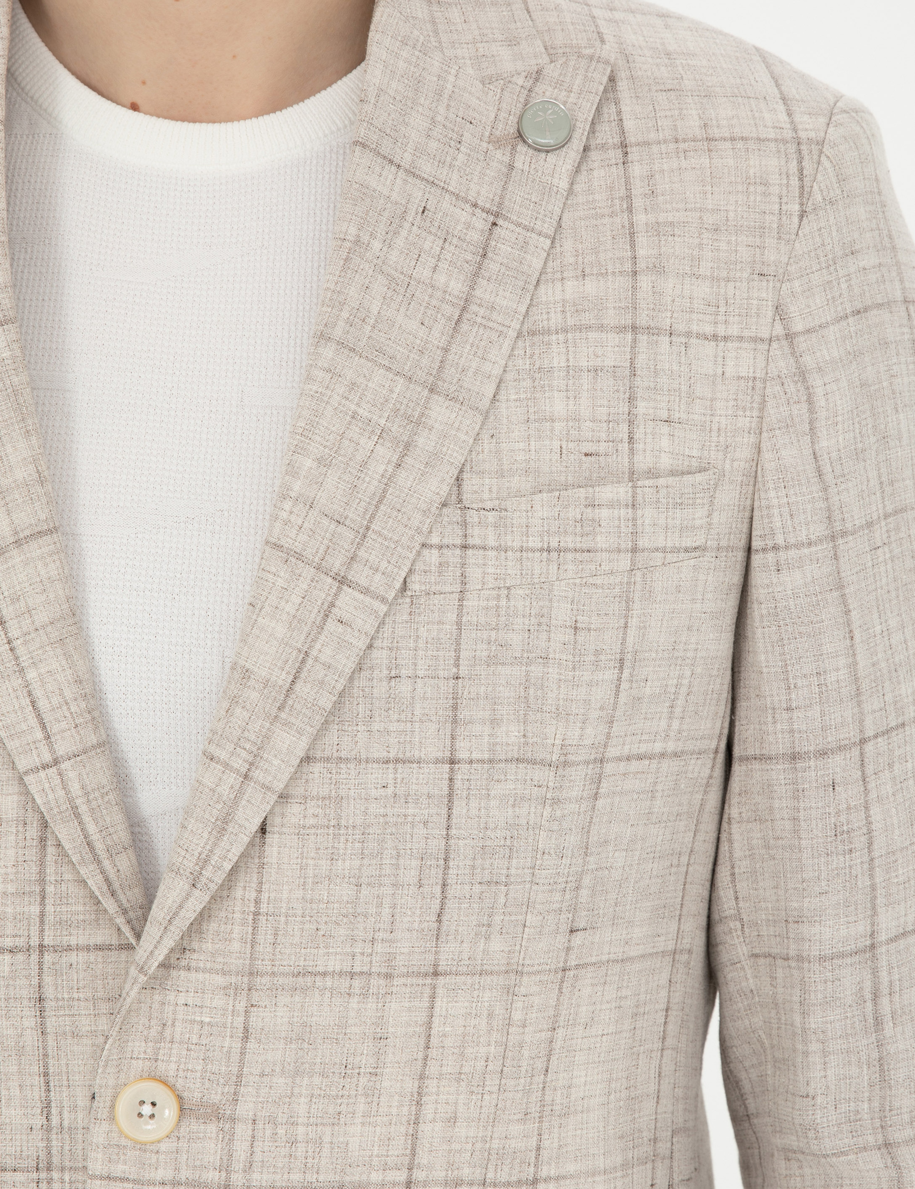 Açık Kahverengi Slim Fit %100 Keten Ekose Ceket - Image 7