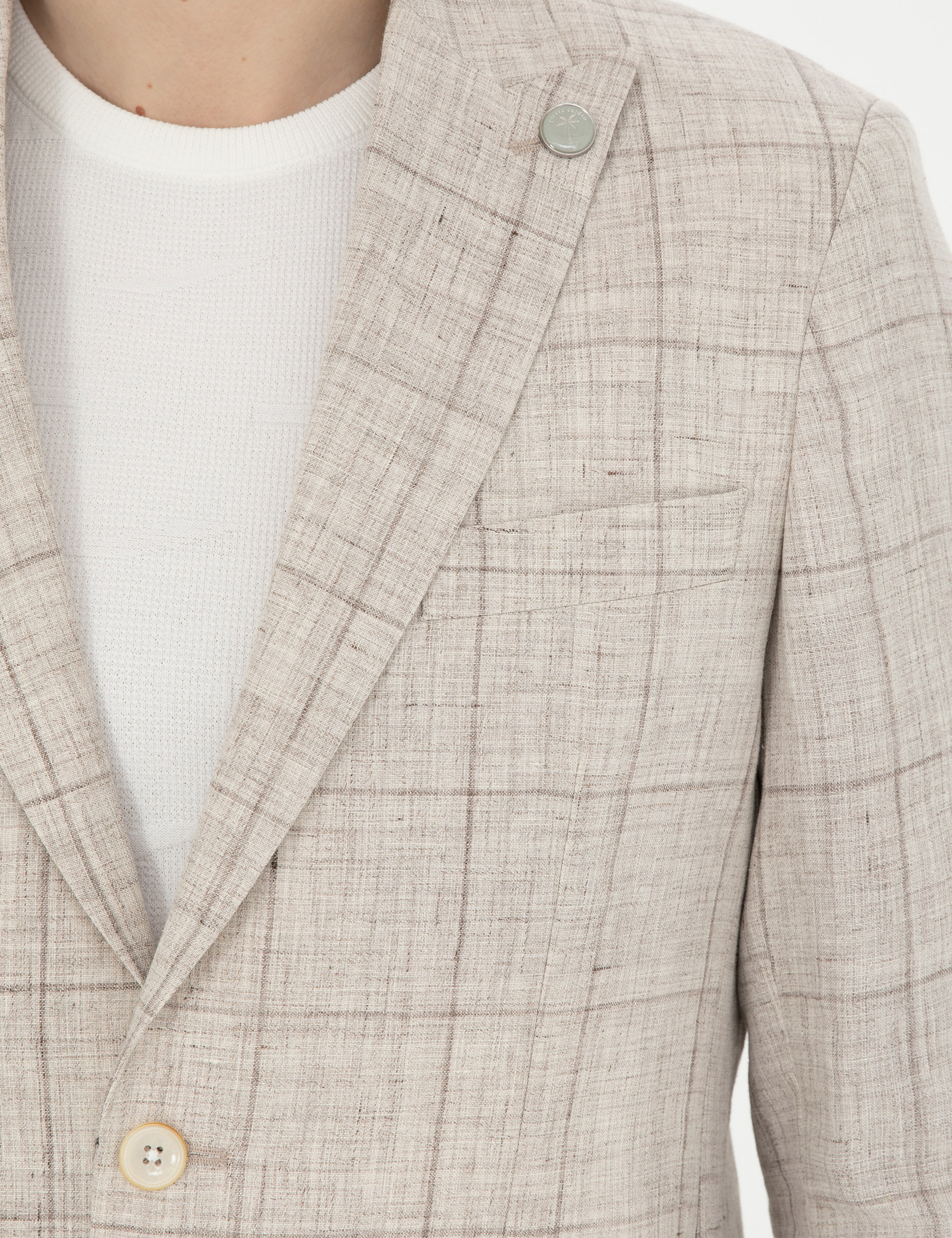 Açık Kahverengi Slim Fit %100 Keten Ekose Ceket