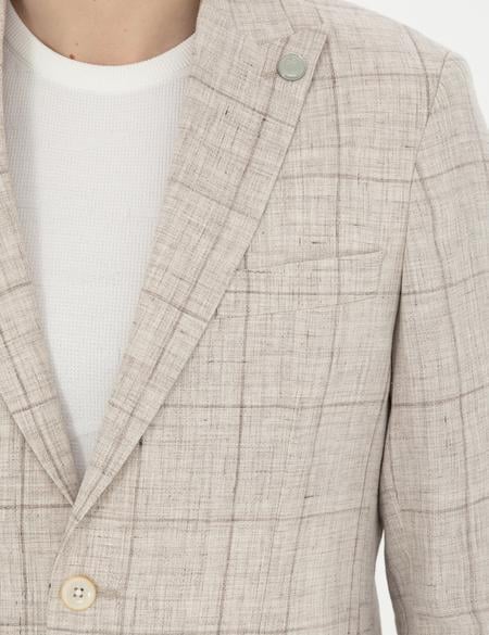 Açık Kahverengi Slim Fit %100 Keten Ekose Ceket - 50284929008