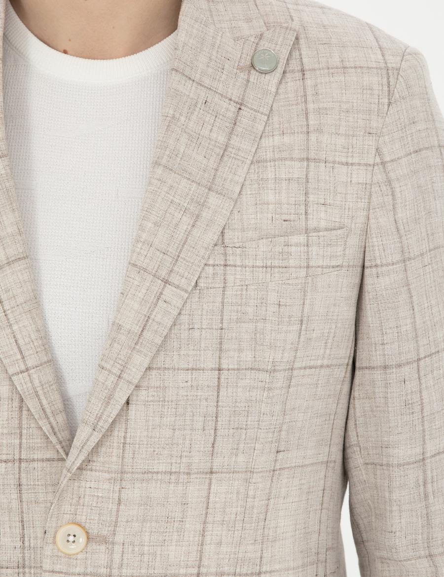 Açık Kahverengi Slim Fit %100 Keten Ekose Ceket