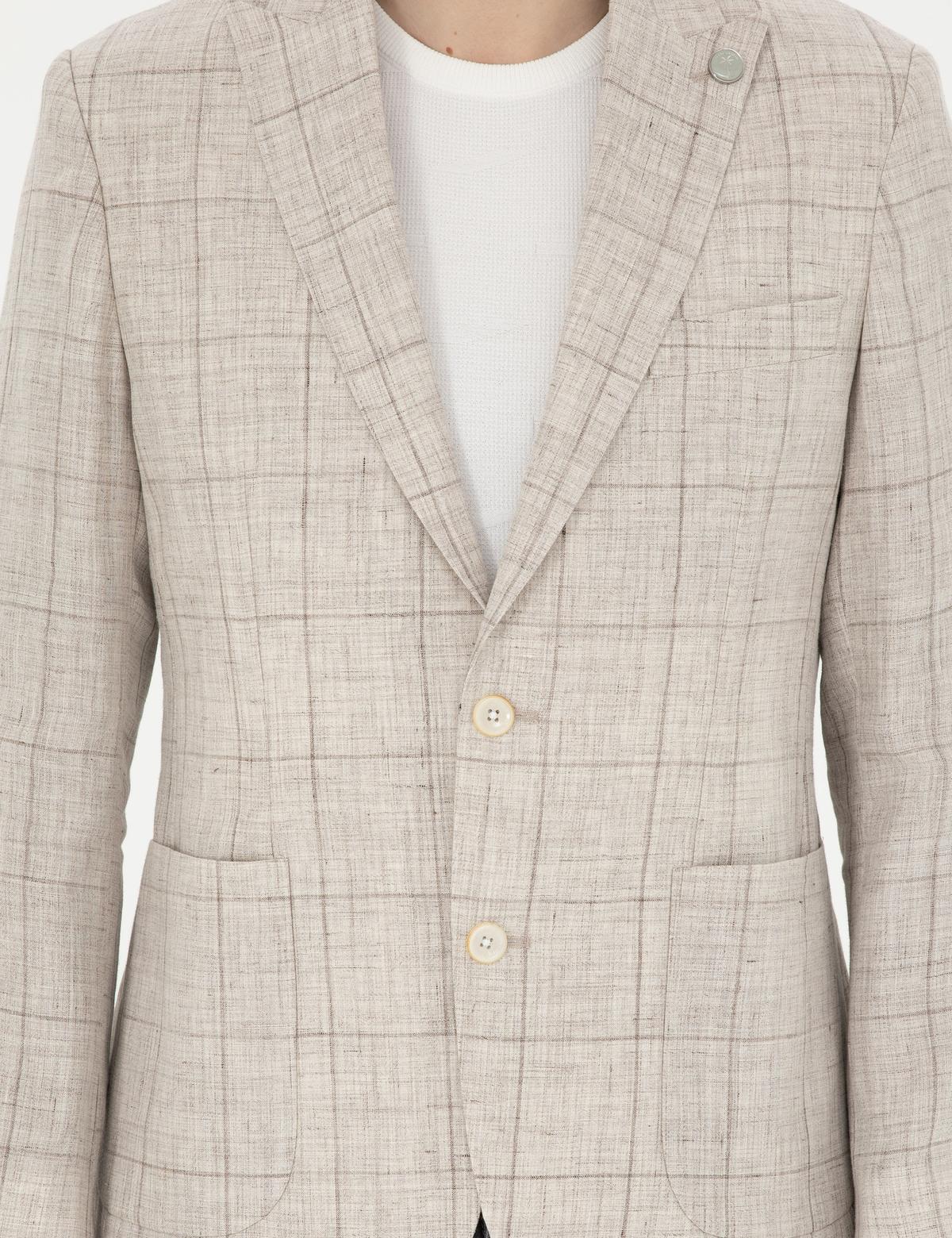 Açık Kahverengi Slim Fit %100 Keten Ekose Ceket - 50284929008