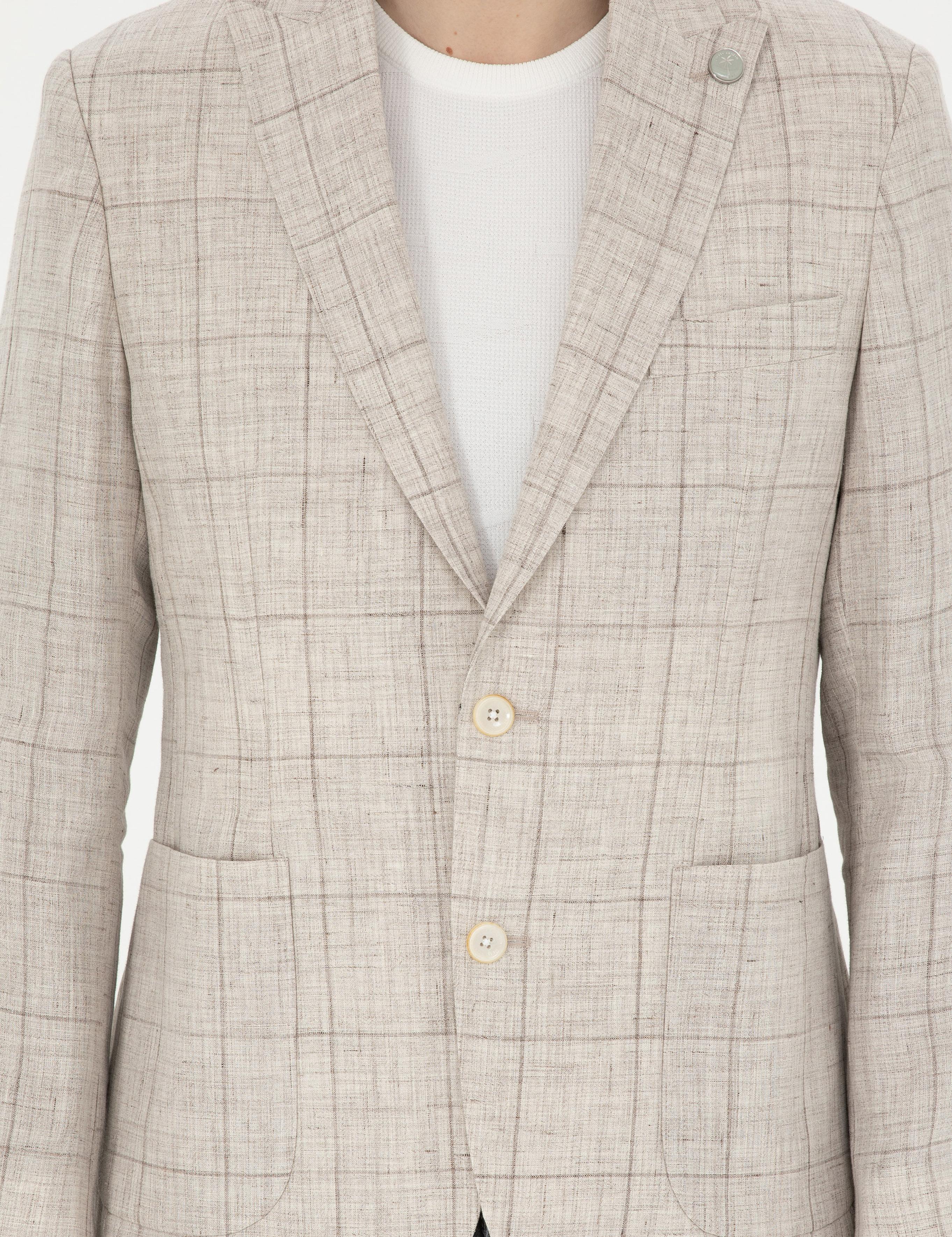 Açık Kahverengi Slim Fit %100 Keten Ekose Ceket