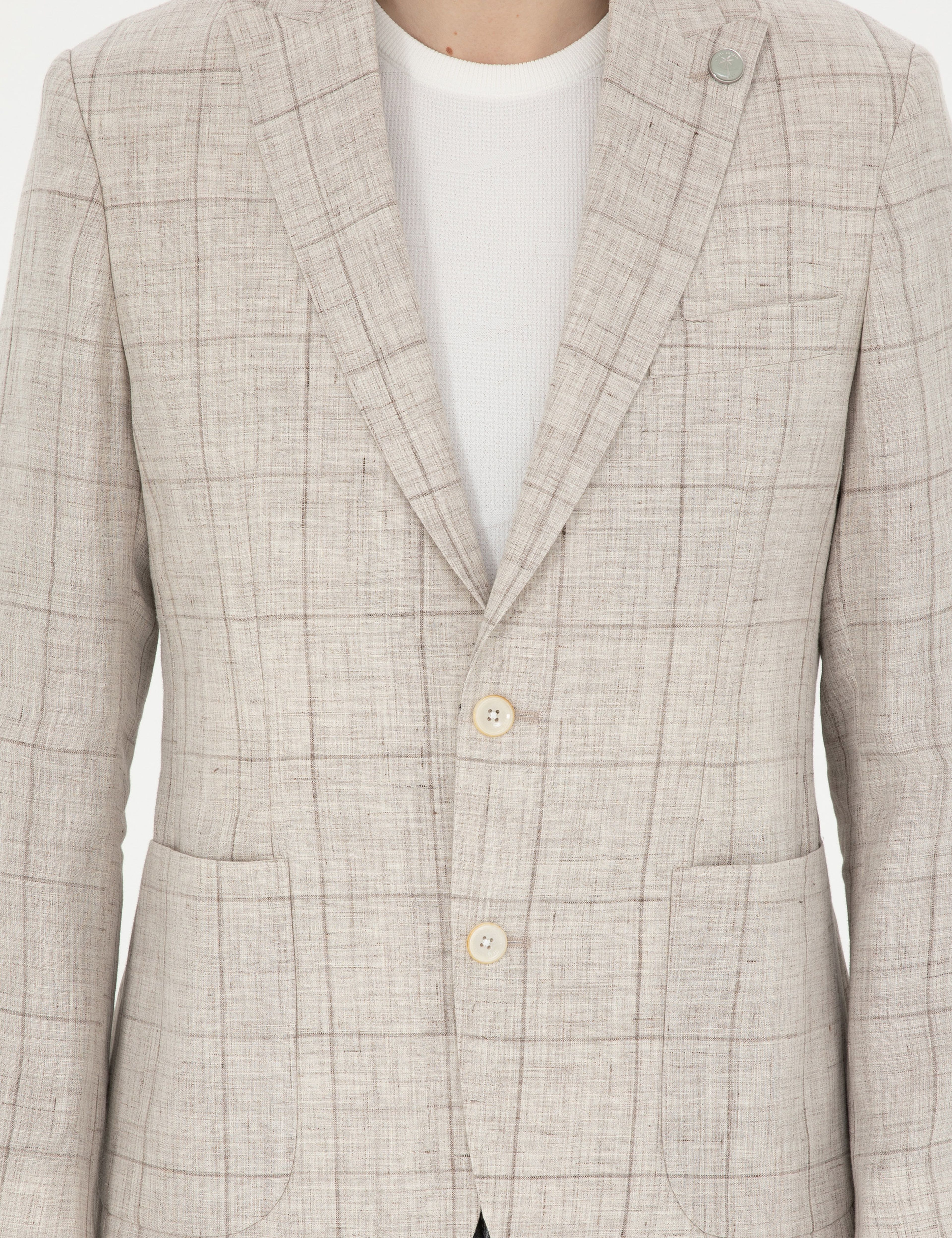 Açık Kahverengi Slim Fit %100 Keten Ekose Ceket - Image 6