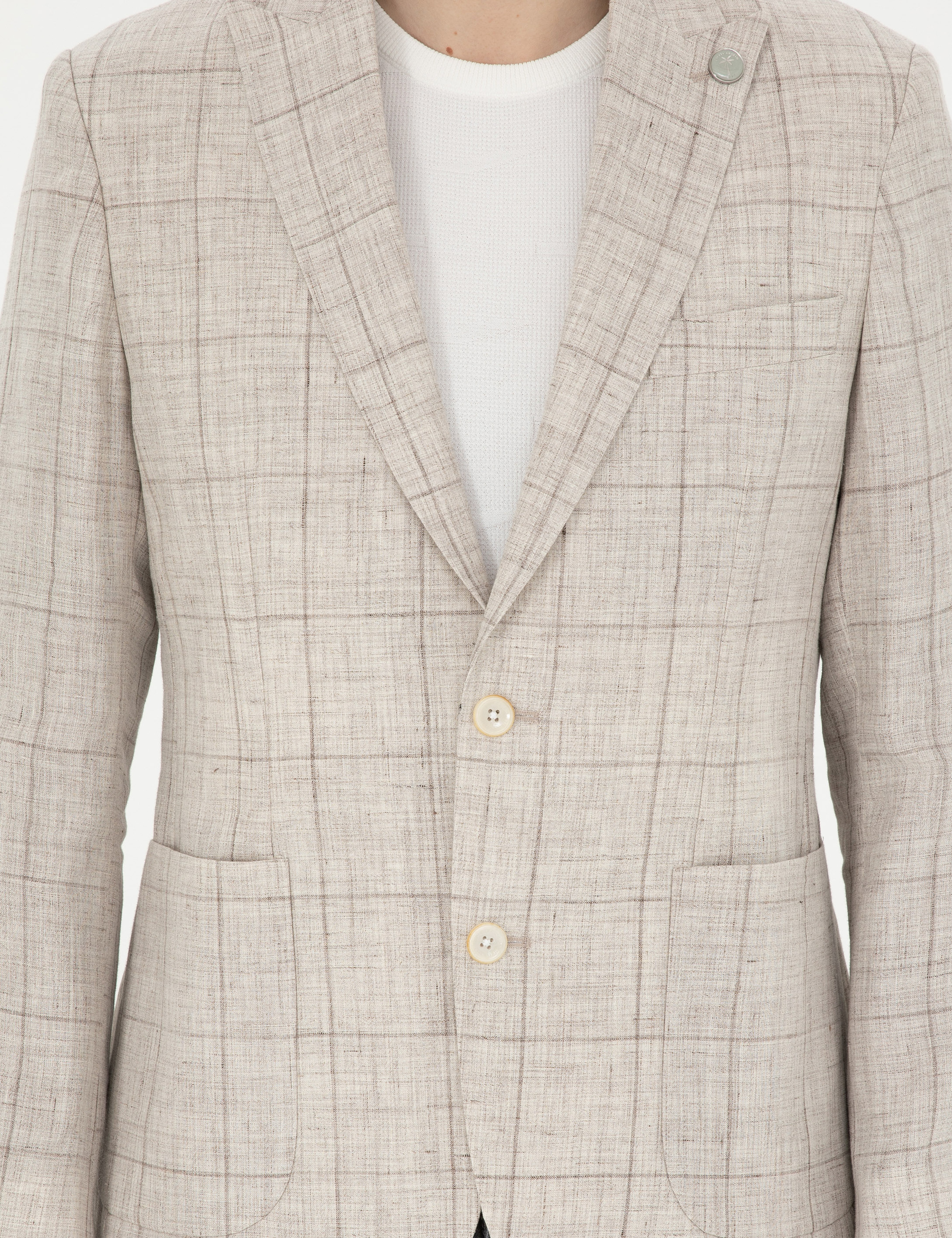 Açık Kahverengi Slim Fit %100 Keten Ekose Ceket