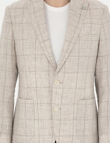 Açık Kahverengi Slim Fit %100 Keten Ekose Ceket - 50284929008