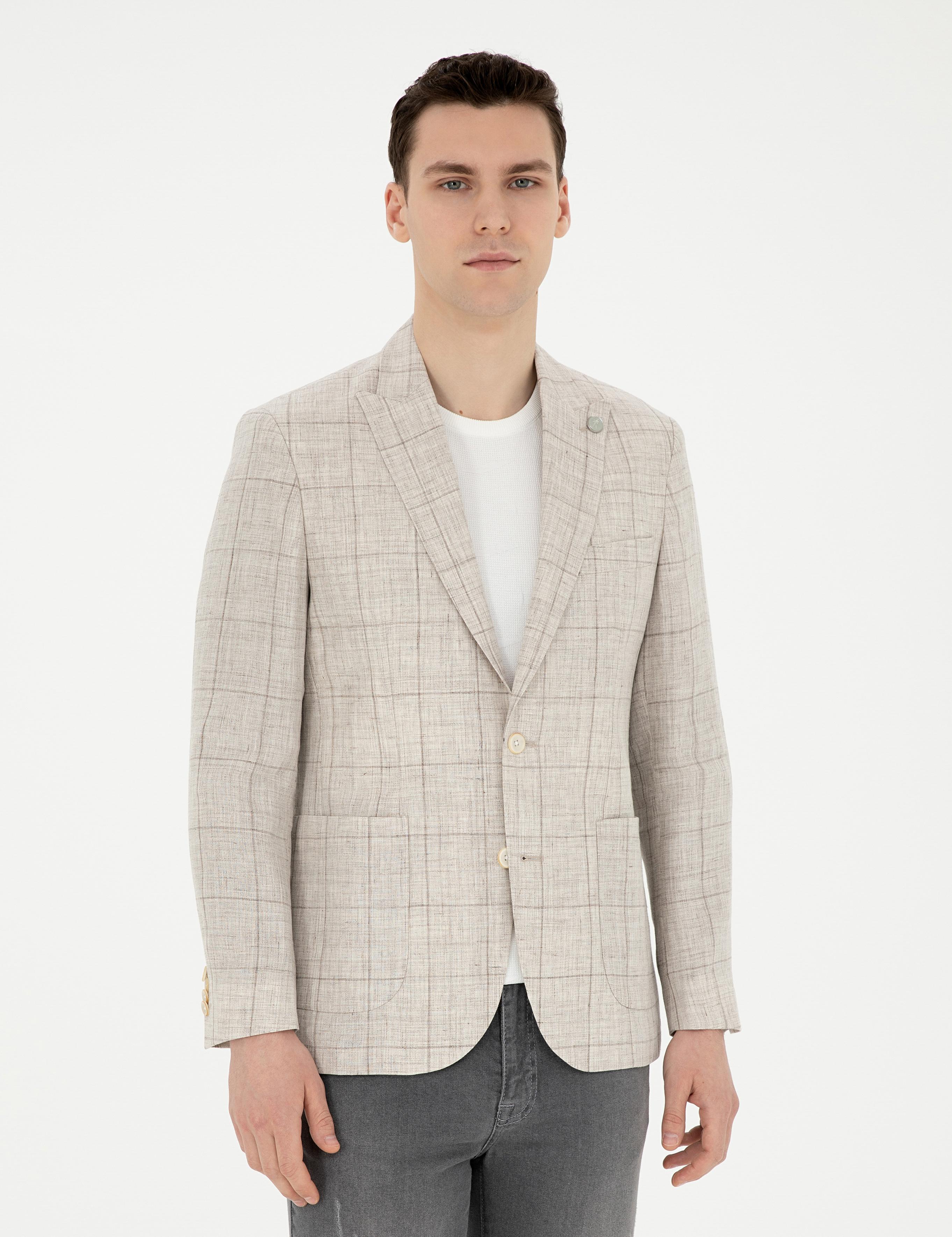 Açık Kahverengi Slim Fit %100 Keten Ekose Ceket