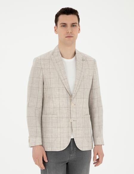 Açık Kahverengi Slim Fit %100 Keten Ekose Ceket - 50284929008