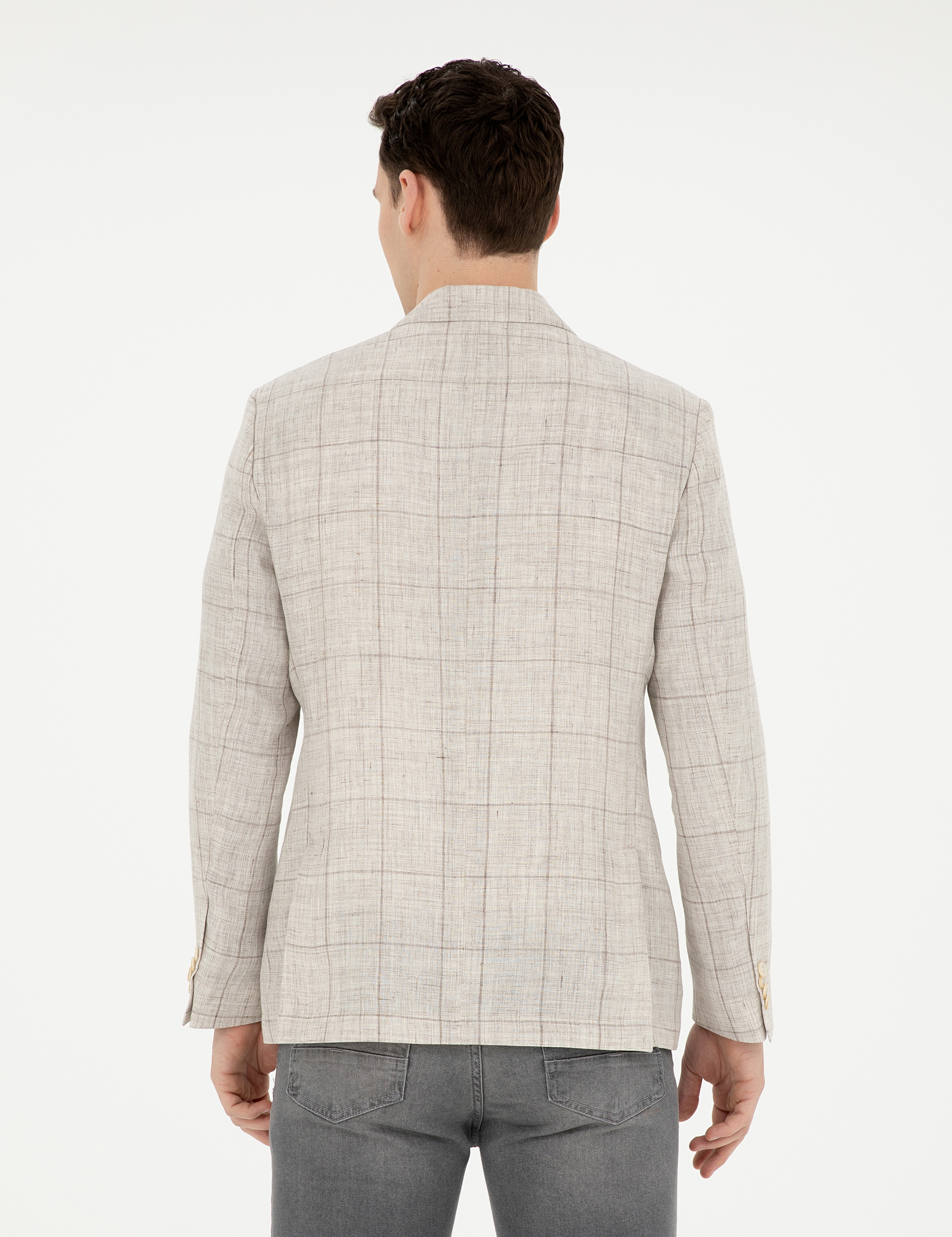 Açık Kahverengi Slim Fit %100 Keten Ekose Ceket - Image 5