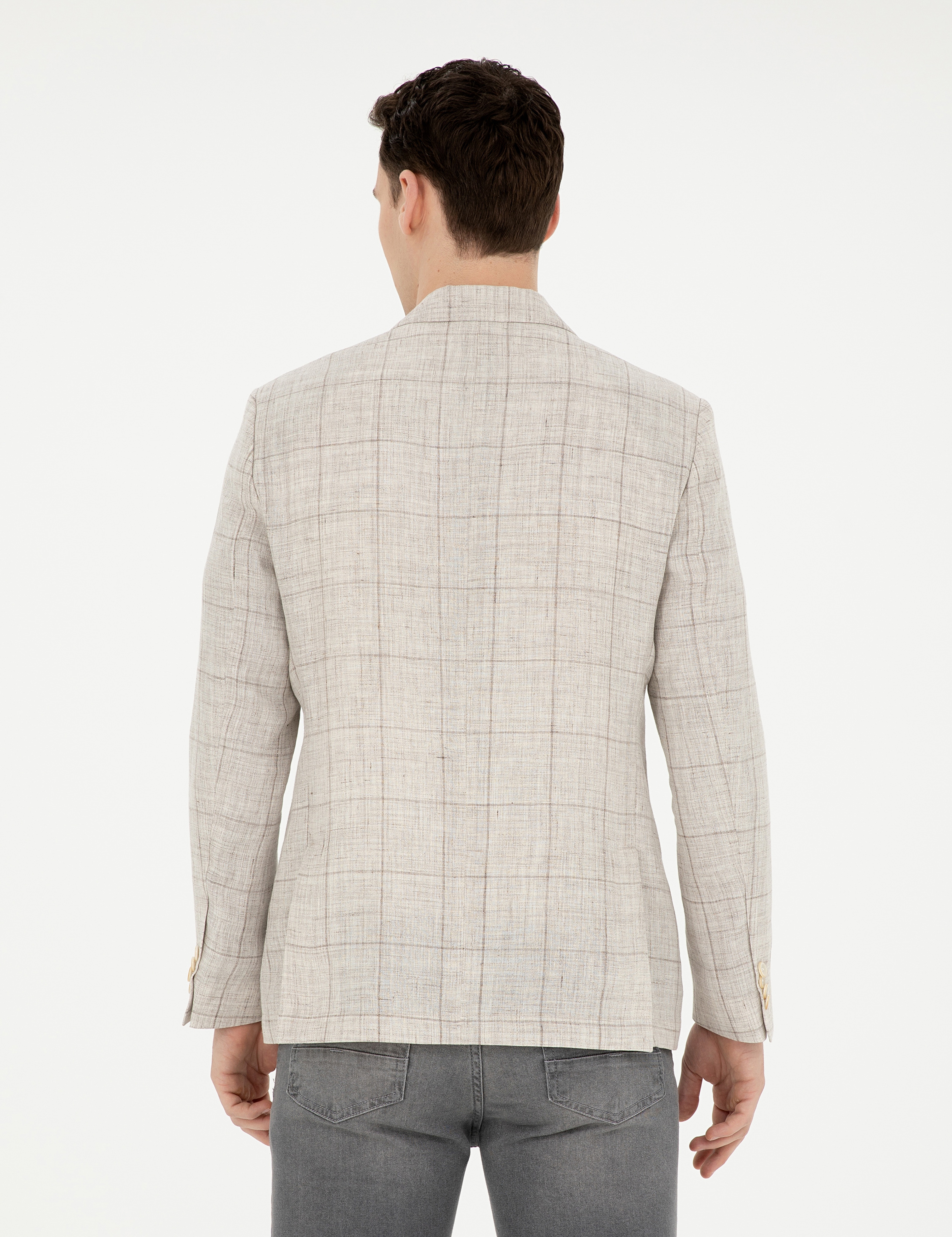 Açık Kahverengi Slim Fit %100 Keten Ekose Ceket