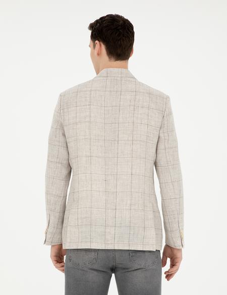 Açık Kahverengi Slim Fit %100 Keten Ekose Ceket - 50284929008